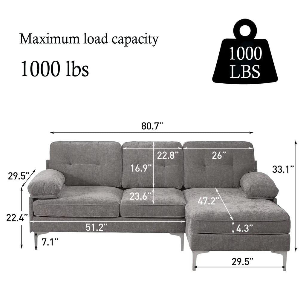 Convertible L-Shaped Sectional Sofa with Reversible Chaise Lounge in Gray Chenille Fabric, Ideal for Living Room, Apartment, or Office, Seats 3