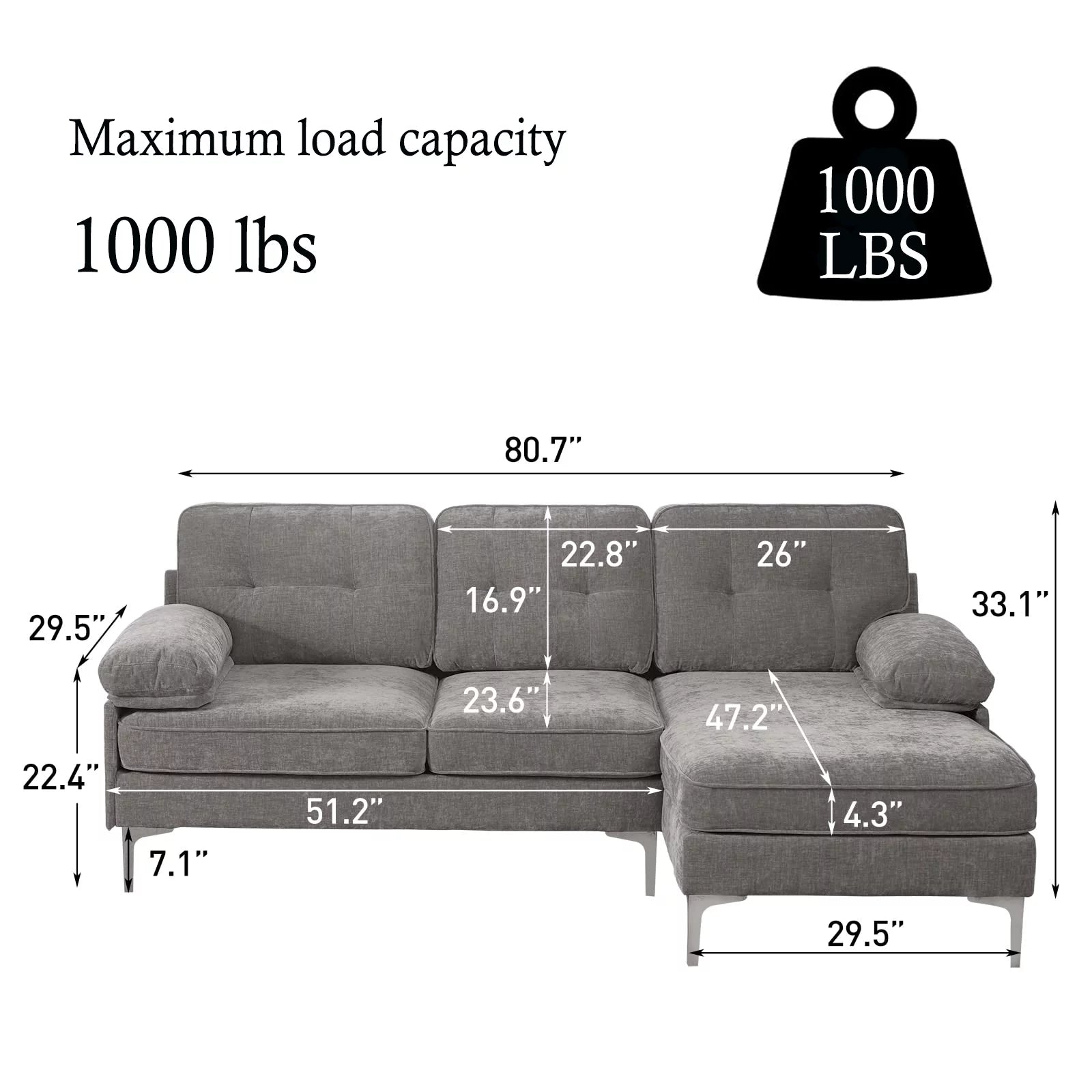 Convertible L-Shaped Sectional Sofa with Reversible Chaise Lounge in Gray Chenille Fabric, Ideal for Living Room, Apartment, or Office, Seats 3