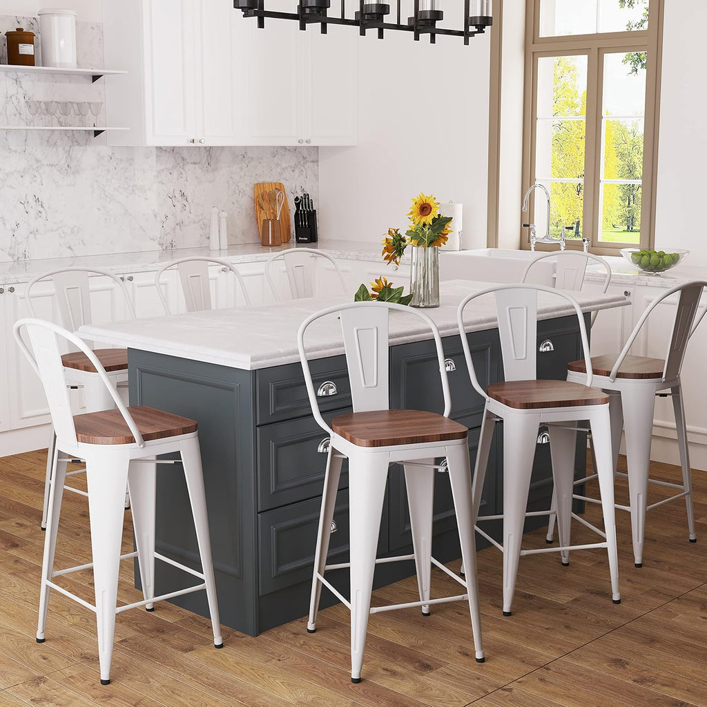 Set of 4 Metal Bar Stools, 24-Inch Counter Height with Back, Modern Farmhouse Design, White Cream Finish, Larger Seat High Back Kitchen Dining Chairs