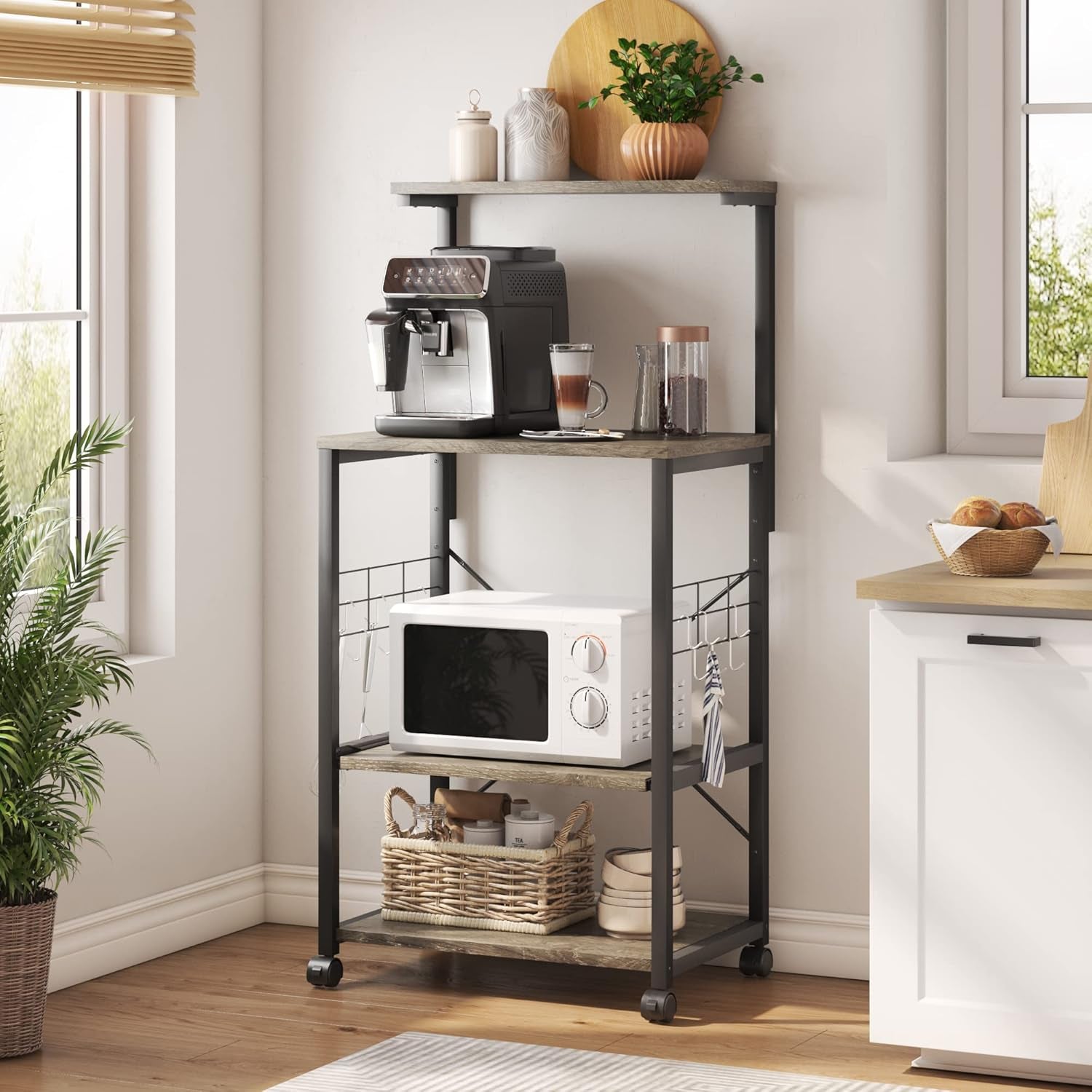 Professional Kitchen Bakers Rack with Microwave Stand and Mobile Utility Storage Shelf, Featuring 10 Side Hooks and Adjustable Feet