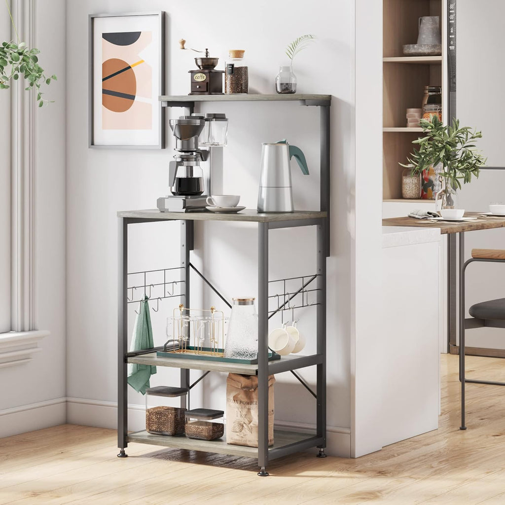 Professional Kitchen Bakers Rack with Microwave Stand and Mobile Utility Storage Shelf, Featuring 10 Side Hooks and Adjustable Feet