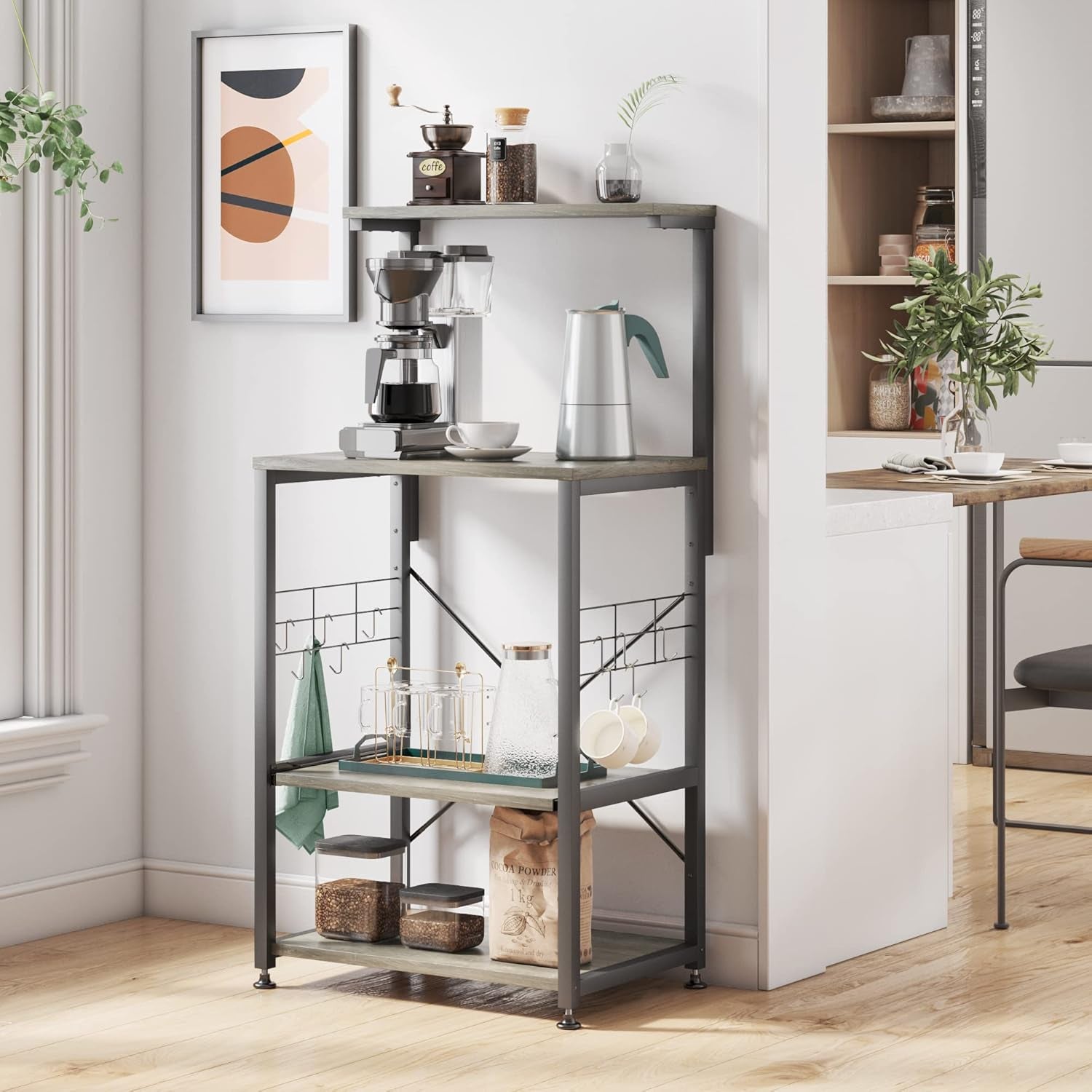 Professional Kitchen Bakers Rack with Microwave Stand and Mobile Utility Storage Shelf, Featuring 10 Side Hooks and Adjustable Feet