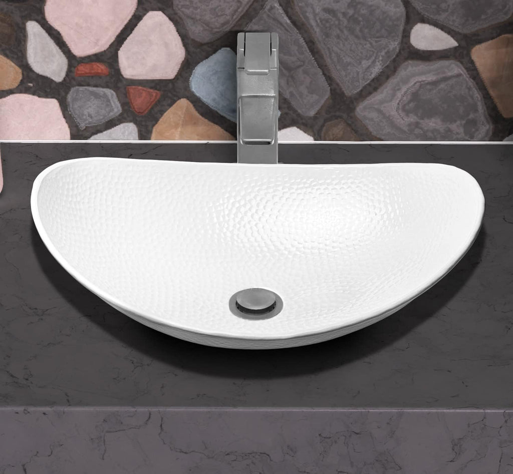 Bathroom Sink – 19-Inch Harbor Vessel Bathrooms Countertop Sink, Bathroom Vessel Sinks, above Counter Hand Hammered Classic White Aluminum Bath Sinks for Restroom Vanity or Powder Room