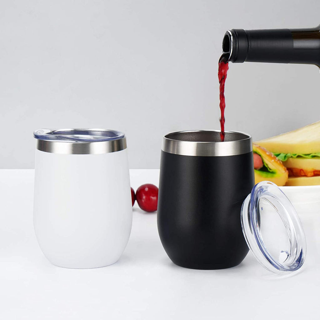 Set of 4 Insulated 12Oz Stainless Steel Stemless Wine Tumblers with Lids and Straws - Ideal for Wine, Cocktails, Coffee, and Champagne, Black Finish
