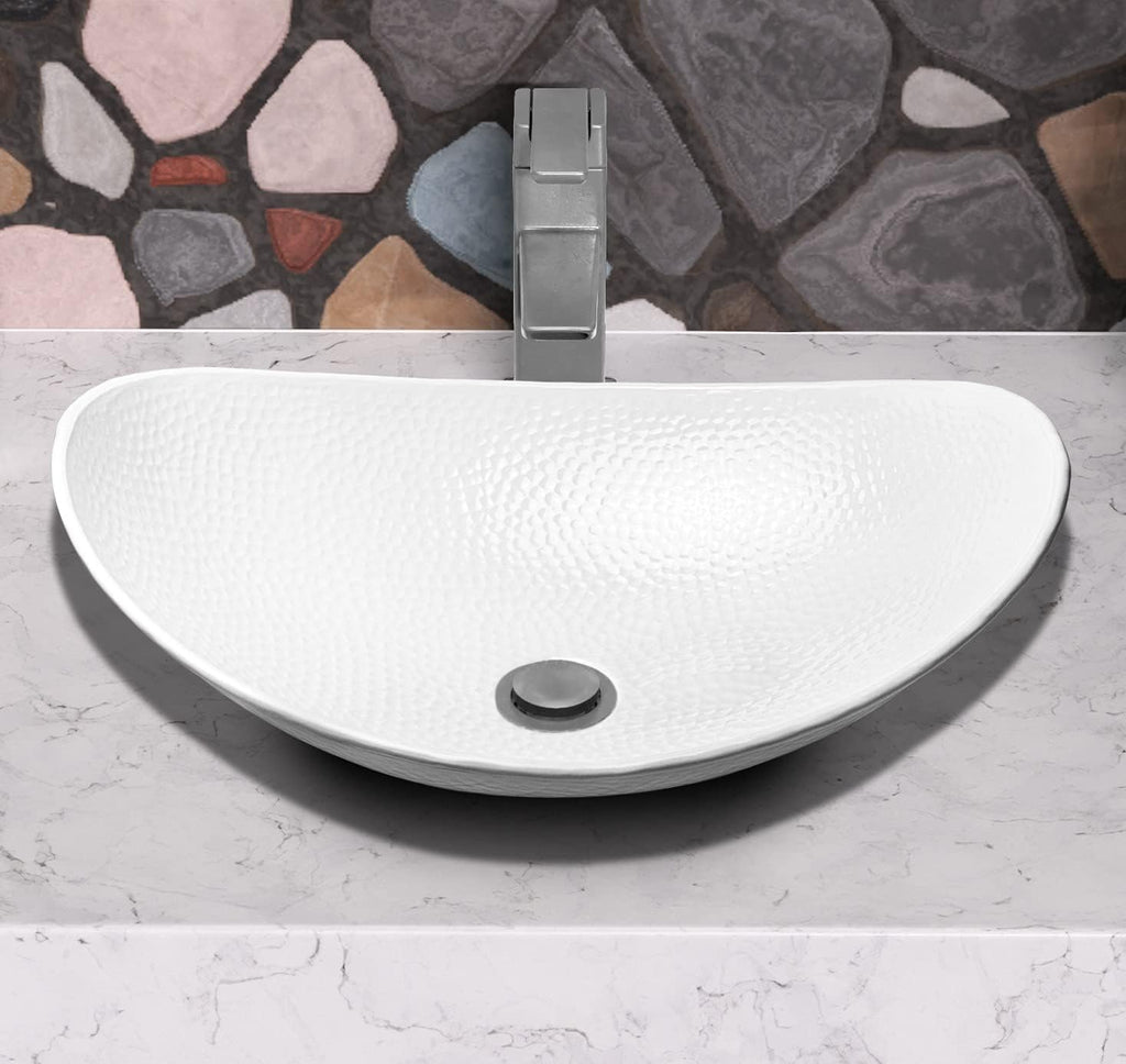 Bathroom Sink – 19-Inch Harbor Vessel Bathrooms Countertop Sink, Bathroom Vessel Sinks, above Counter Hand Hammered Classic White Aluminum Bath Sinks for Restroom Vanity or Powder Room