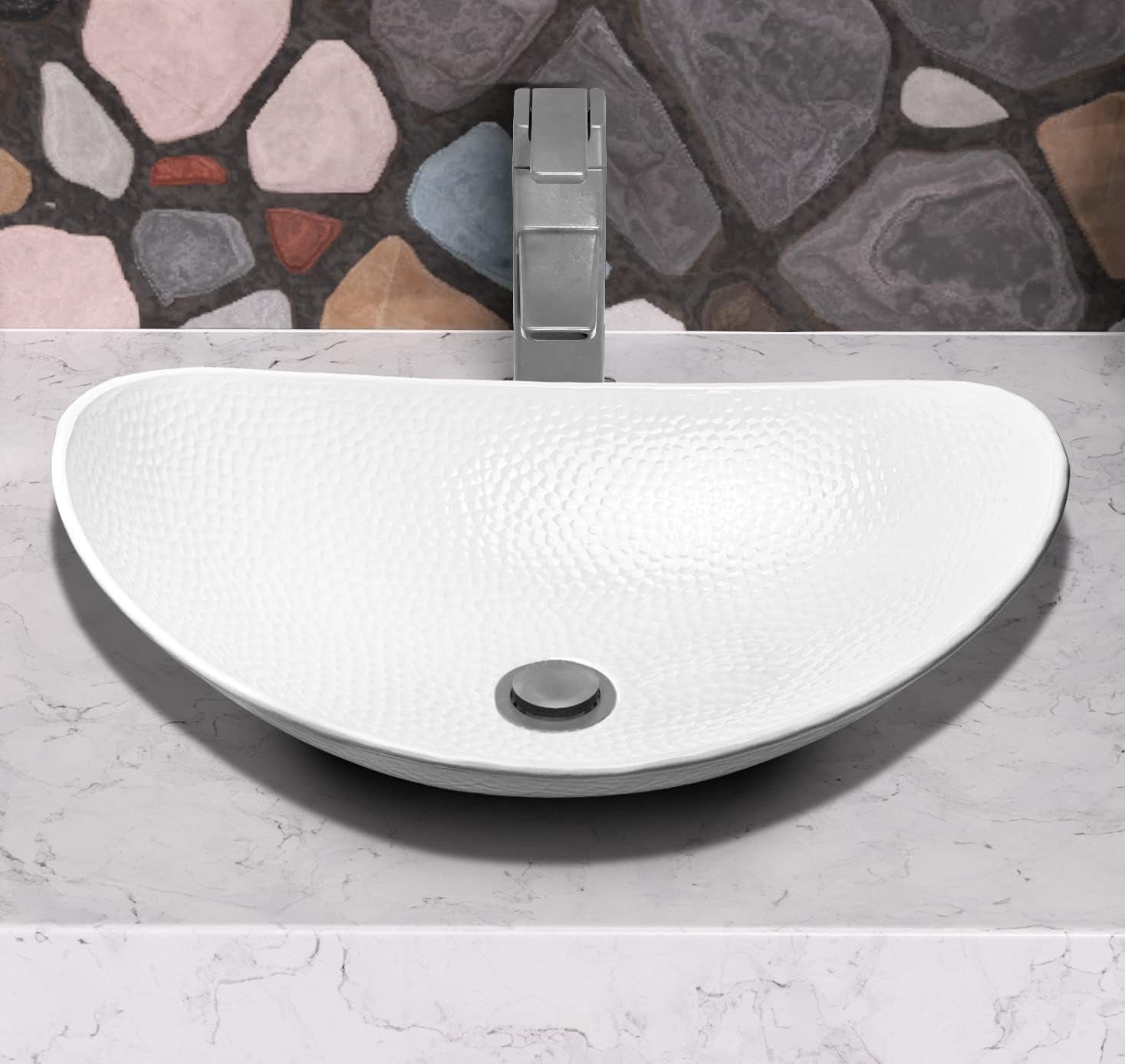 Bathroom Sink – 19-Inch Harbor Vessel Bathrooms Countertop Sink, Bathroom Vessel Sinks, above Counter Hand Hammered Classic White Aluminum Bath Sinks for Restroom Vanity or Powder Room