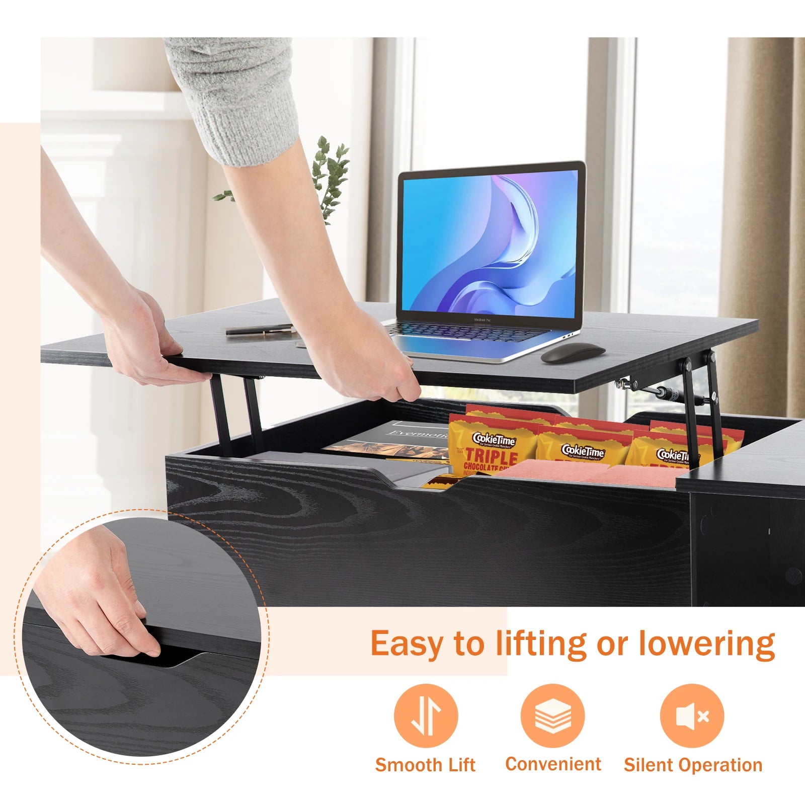 Adjustable Lift-Top Coffee Table with Storage Shelf - 39.37" x 19.7" Wooden Dining and Living Room Desk