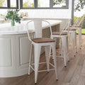 Set of 4 Metal Bar Stools, 24-Inch Counter Height with Back, Modern Farmhouse Design, White Cream Finish, Larger Seat High Back Kitchen Dining Chairs