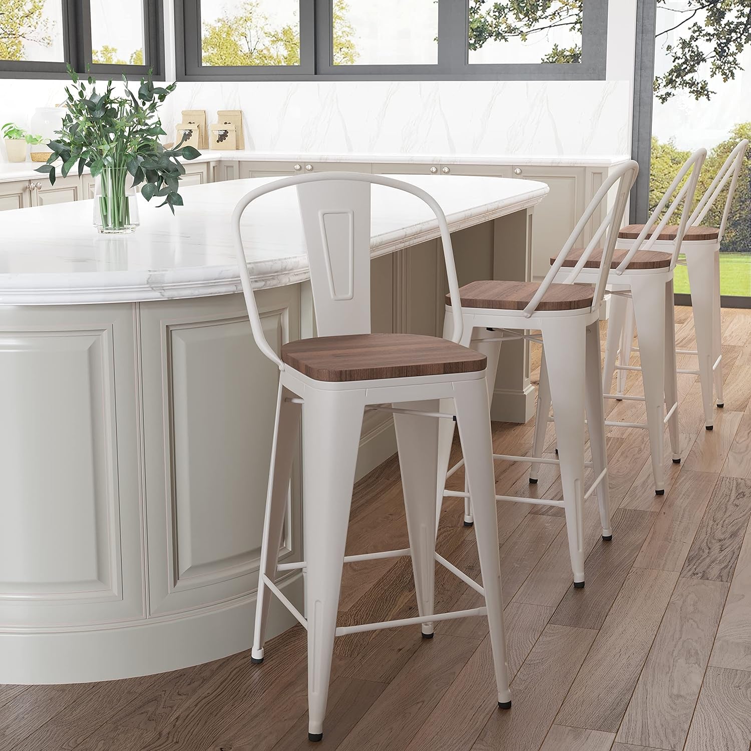 Set of 4 Metal Bar Stools, 24-Inch Counter Height with Back, Modern Farmhouse Design, White Cream Finish, Larger Seat High Back Kitchen Dining Chairs