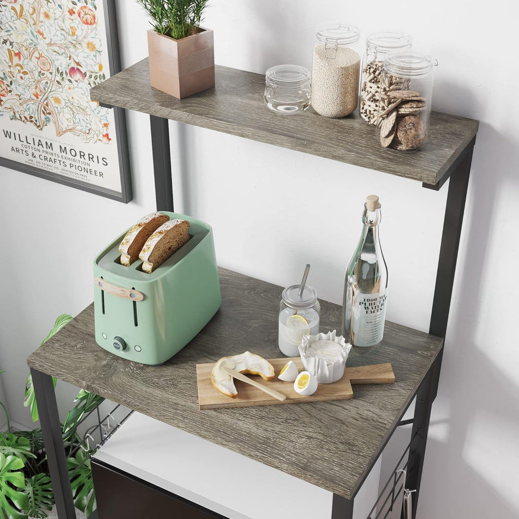 Professional Kitchen Bakers Rack with Microwave Stand and Mobile Utility Storage Shelf, Featuring 10 Side Hooks and Adjustable Feet