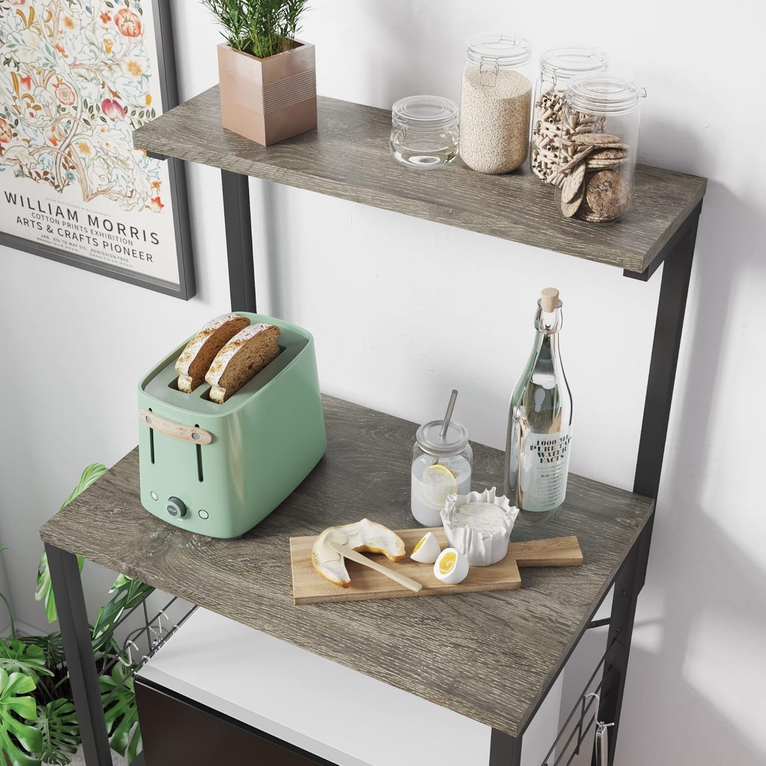 Professional Kitchen Bakers Rack with Microwave Stand and Mobile Utility Storage Shelf, Featuring 10 Side Hooks and Adjustable Feet
