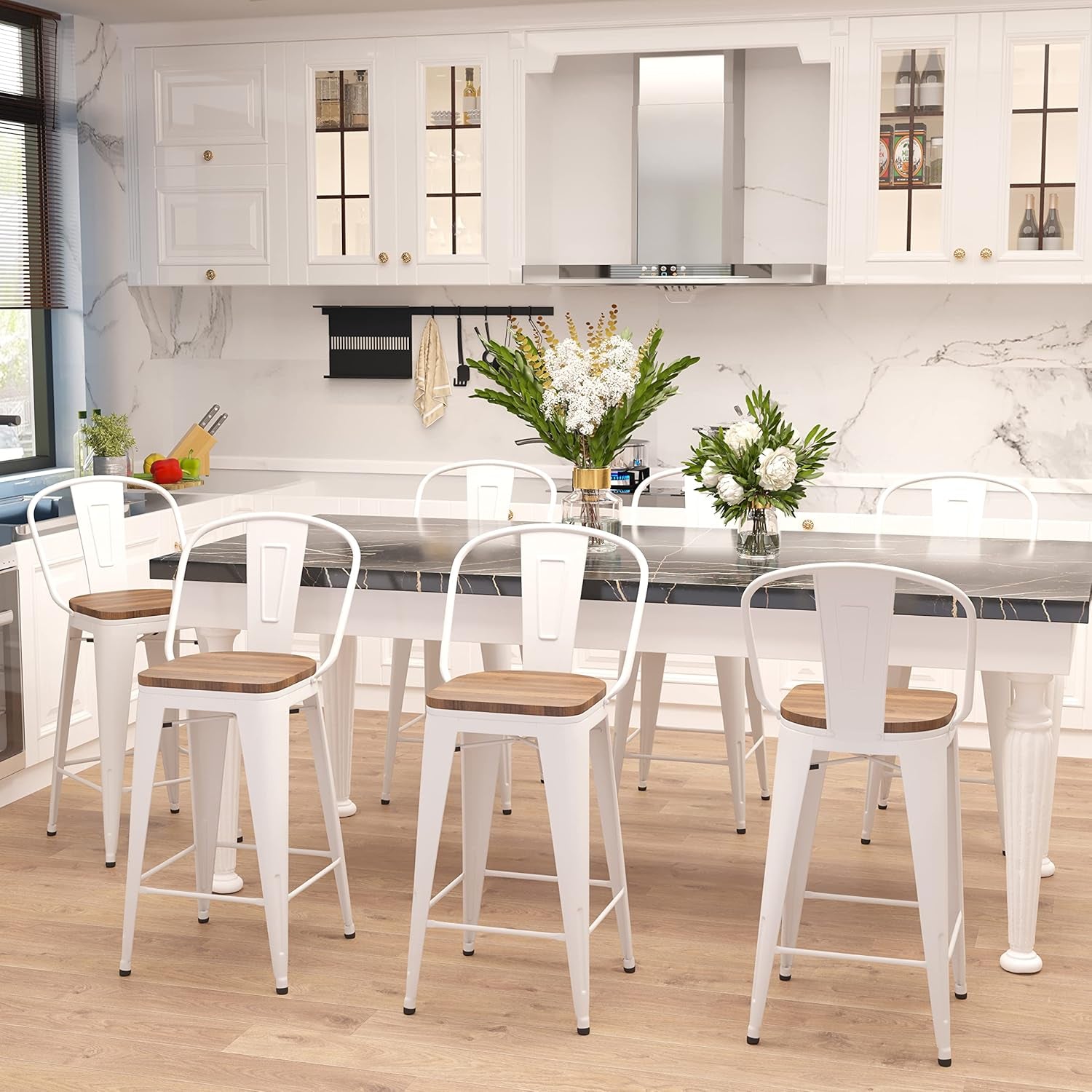 Set of 4 Metal Bar Stools, 24-Inch Counter Height with Back, Modern Farmhouse Design, White Cream Finish, Larger Seat High Back Kitchen Dining Chairs