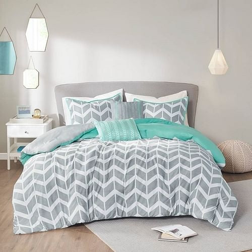 Velora™ Chevron Comforter Set – Grey Aqua (Full/Queen)