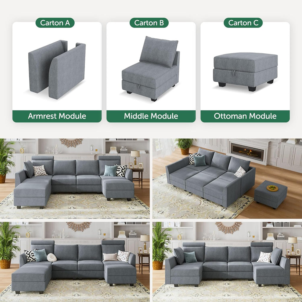 Modular U-Shaped Sectional Sofa with Reversible Chaise and Storage in Bluish Grey