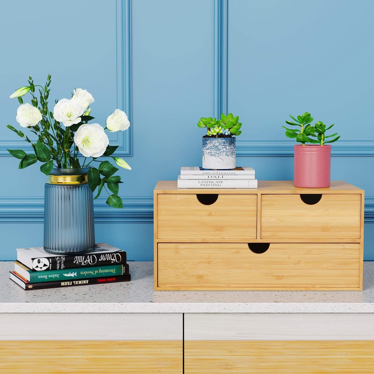 Bamboo Desk Drawer Organizer with Three Drawers for Efficient Tabletop Storage in Office and Home