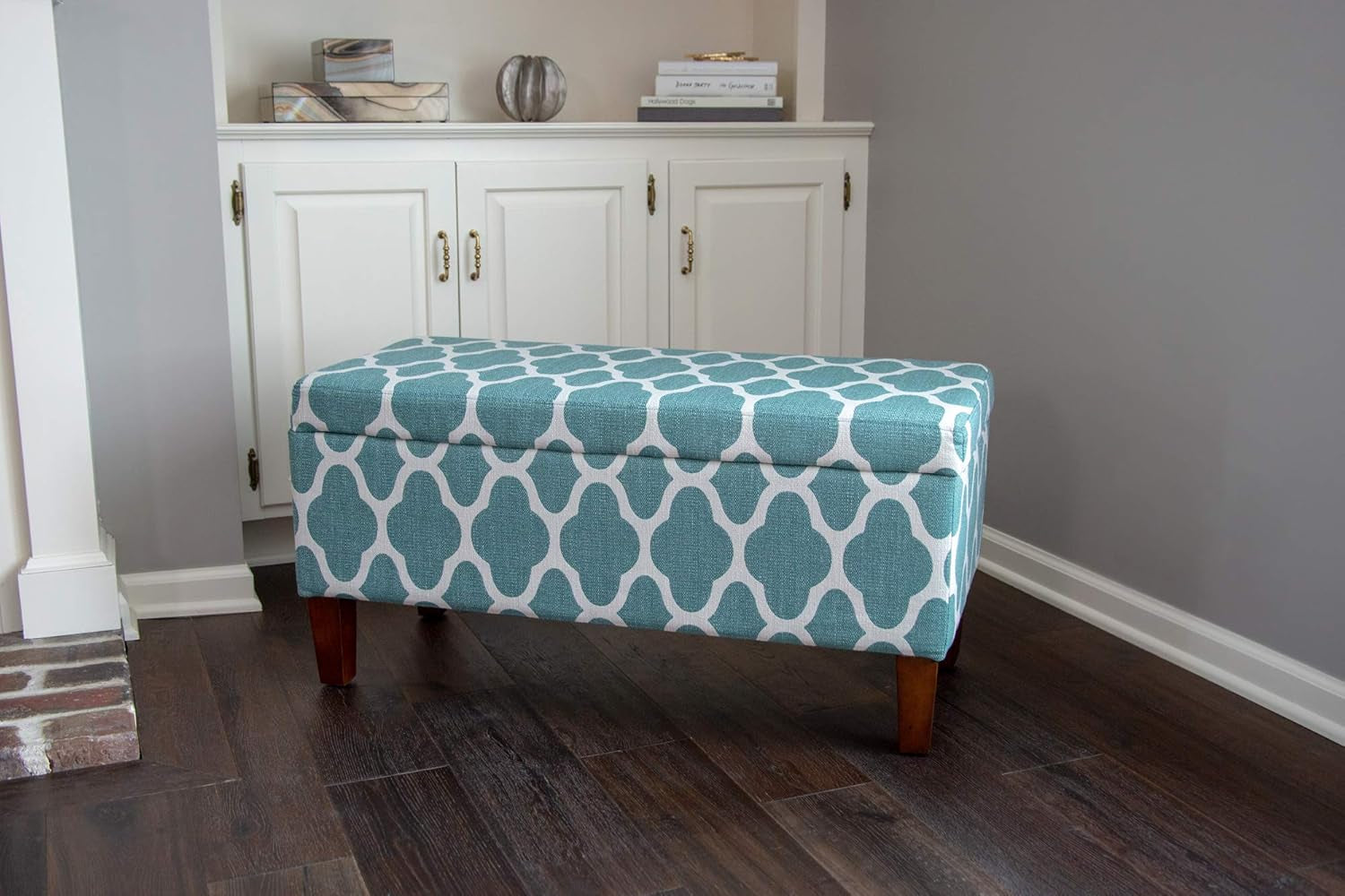 Large Teal Blue Geometric Upholstered Rectangular Storage Ottoman Bench with Hinged Lid