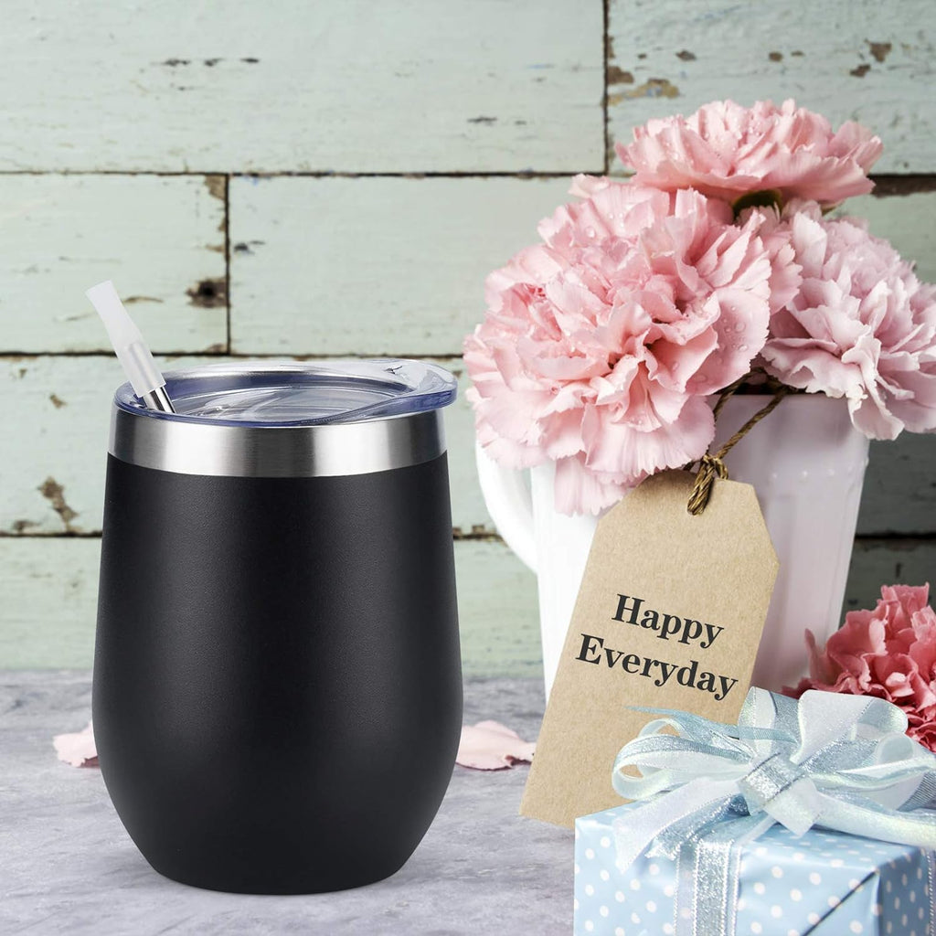 Set of 4 Insulated 12Oz Stainless Steel Stemless Wine Tumblers with Lids and Straws - Ideal for Wine, Cocktails, Coffee, and Champagne, Black Finish