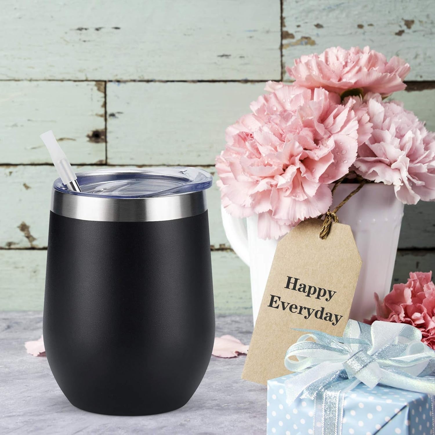 Set of 4 Insulated 12Oz Stainless Steel Stemless Wine Tumblers with Lids and Straws - Ideal for Wine, Cocktails, Coffee, and Champagne, Black Finish
