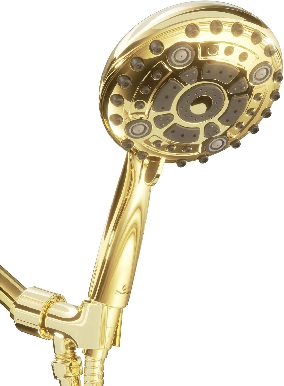 Aquarius Mist Gold Shower Head with Handheld, 6 Spray Settings 4.9 Inch Gold Hand Held Shower Head with Long Hose, Adjustable Mount Holder & Teflon Tape, Polished Brass
