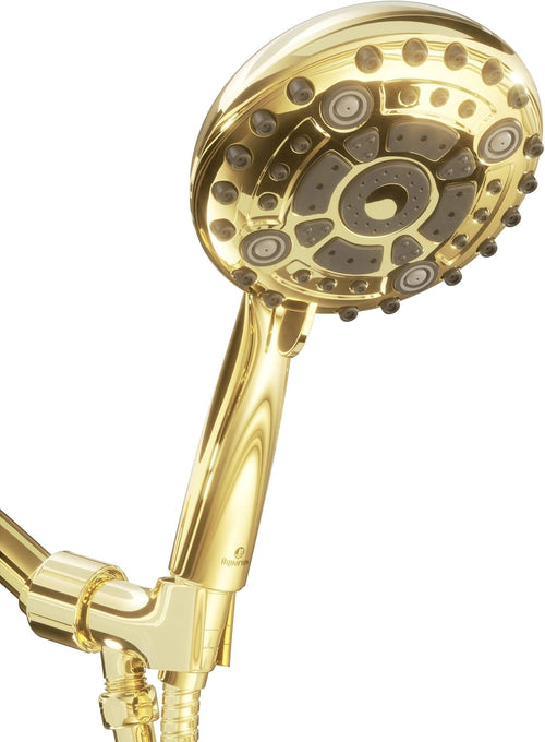 Aquarius Mist Gold Shower Head with Handheld, 6 Spray Settings 4.9 Inch Gold Hand Held Shower Head with Long Hose, Adjustable Mount Holder & Teflon Tape, Polished Brass