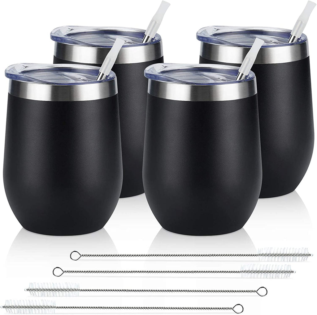 Set of 4 Insulated 12Oz Stainless Steel Stemless Wine Tumblers with Lids and Straws - Ideal for Wine, Cocktails, Coffee, and Champagne, Black Finish