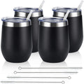 Set of 4 Insulated 12Oz Stainless Steel Stemless Wine Tumblers with Lids and Straws - Ideal for Wine, Cocktails, Coffee, and Champagne, Black Finish