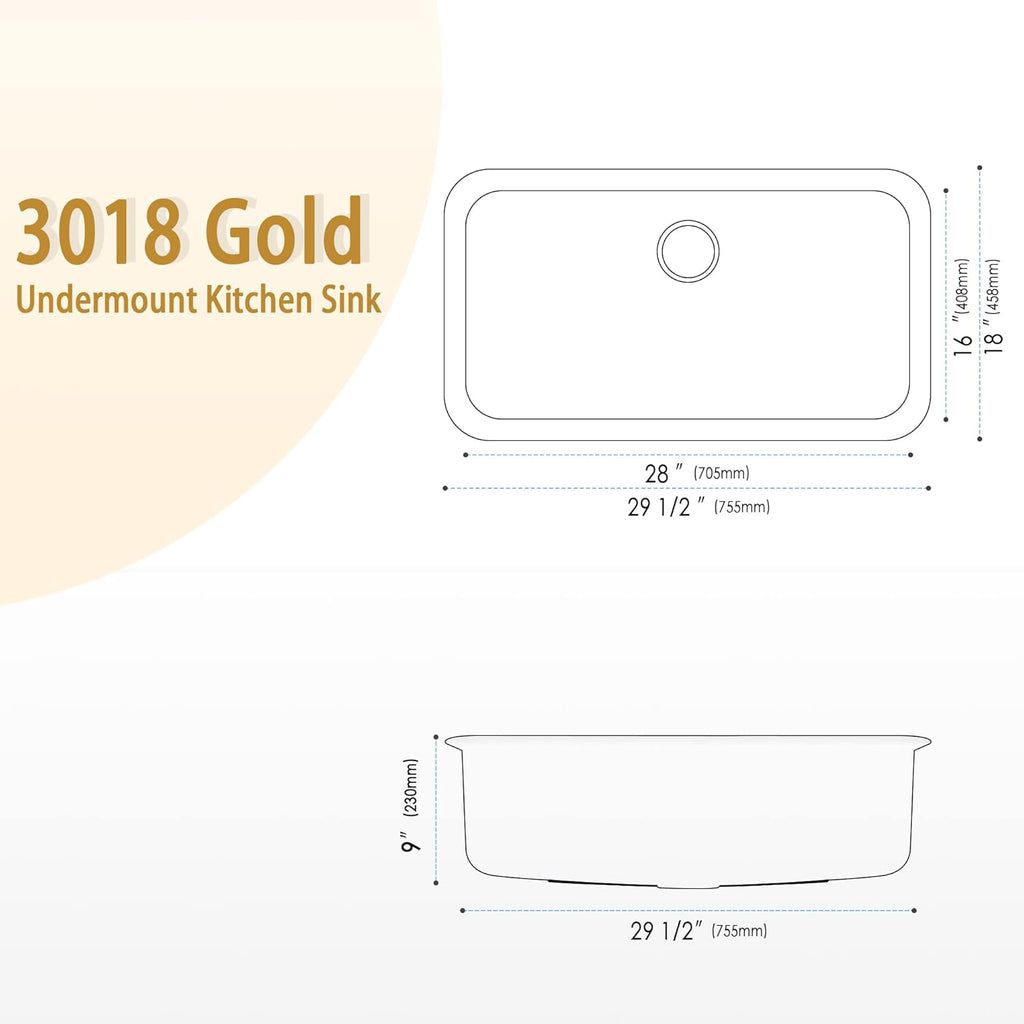 Gold Kitchen Sink 30 Inch, SUS304 Stainless Steel Undemount Kitchen Sinks, 30" X 18" X 9" Large and Deep Single Bowl Kitchen Sinks with Grid and Sink Drain Assembly