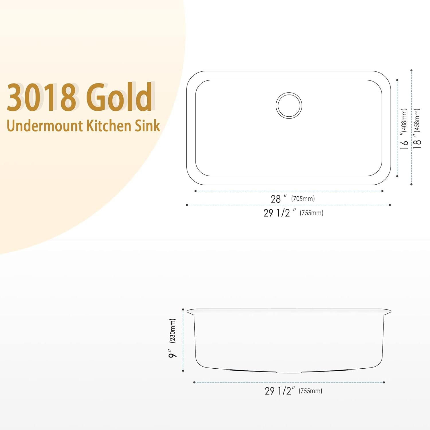 Gold Kitchen Sink 30 Inch, SUS304 Stainless Steel Undemount Kitchen Sinks, 30" X 18" X 9" Large and Deep Single Bowl Kitchen Sinks with Grid and Sink Drain Assembly