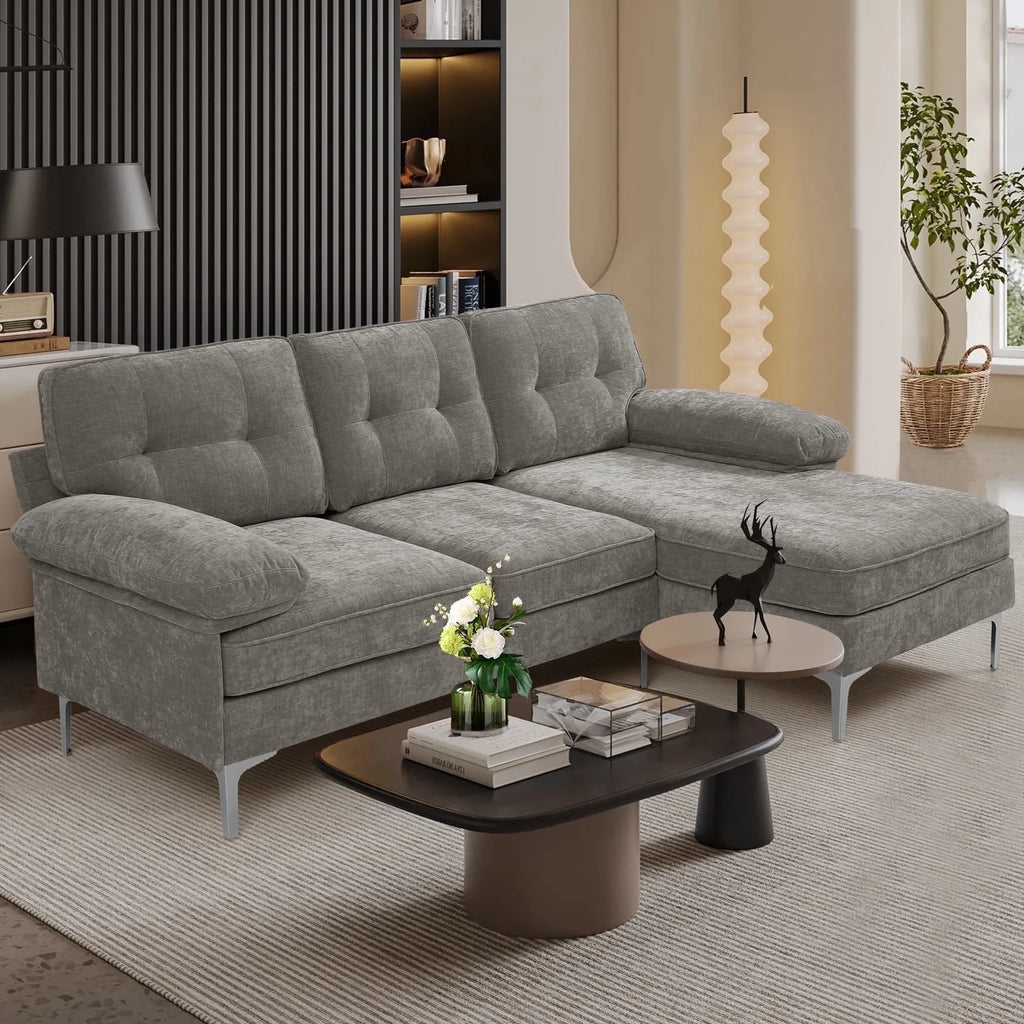 Convertible L-Shaped Sectional Sofa with Reversible Chaise Lounge in Gray Chenille Fabric, Ideal for Living Room, Apartment, or Office, Seats 3