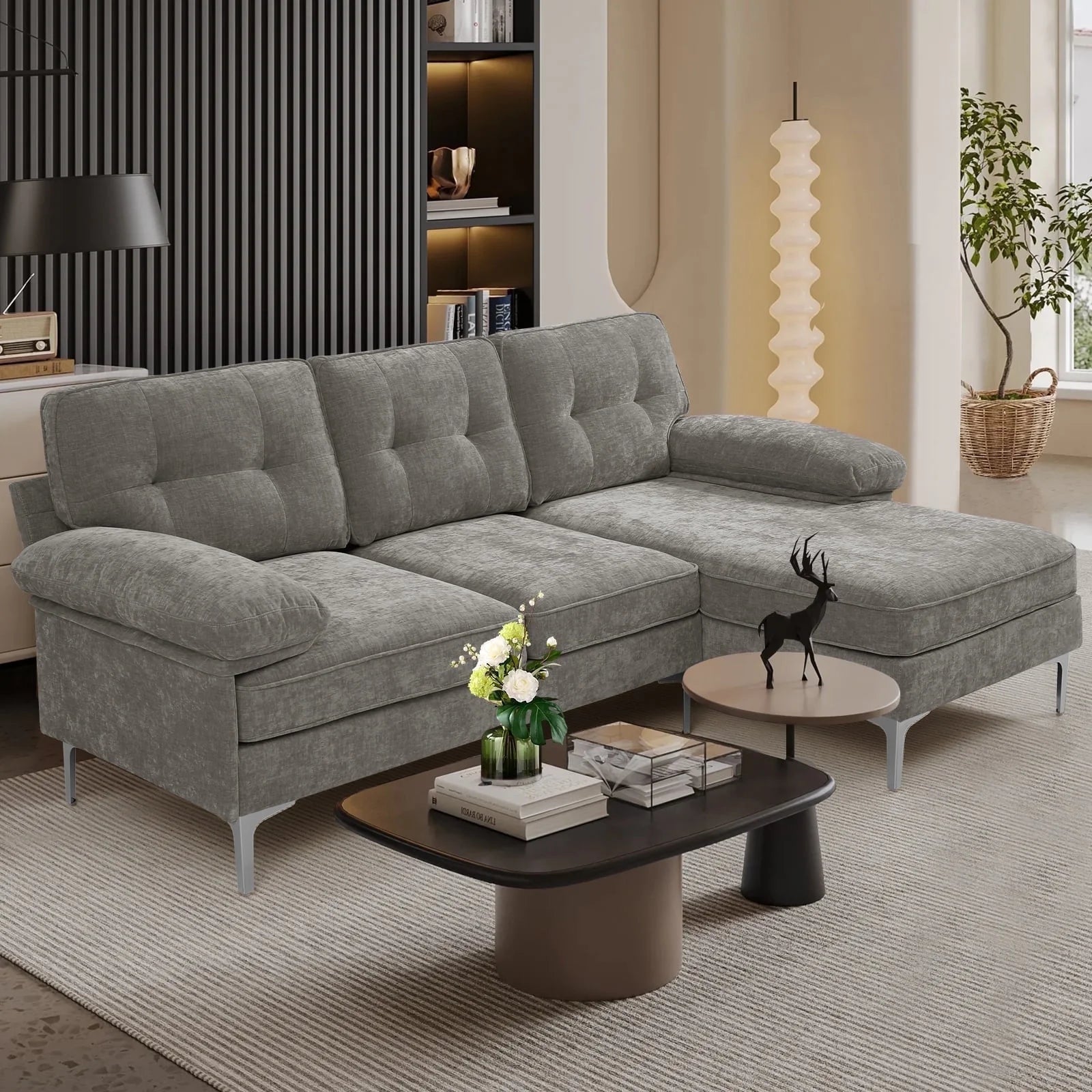 Convertible L-Shaped Sectional Sofa with Reversible Chaise Lounge in Gray Chenille Fabric, Ideal for Living Room, Apartment, or Office, Seats 3