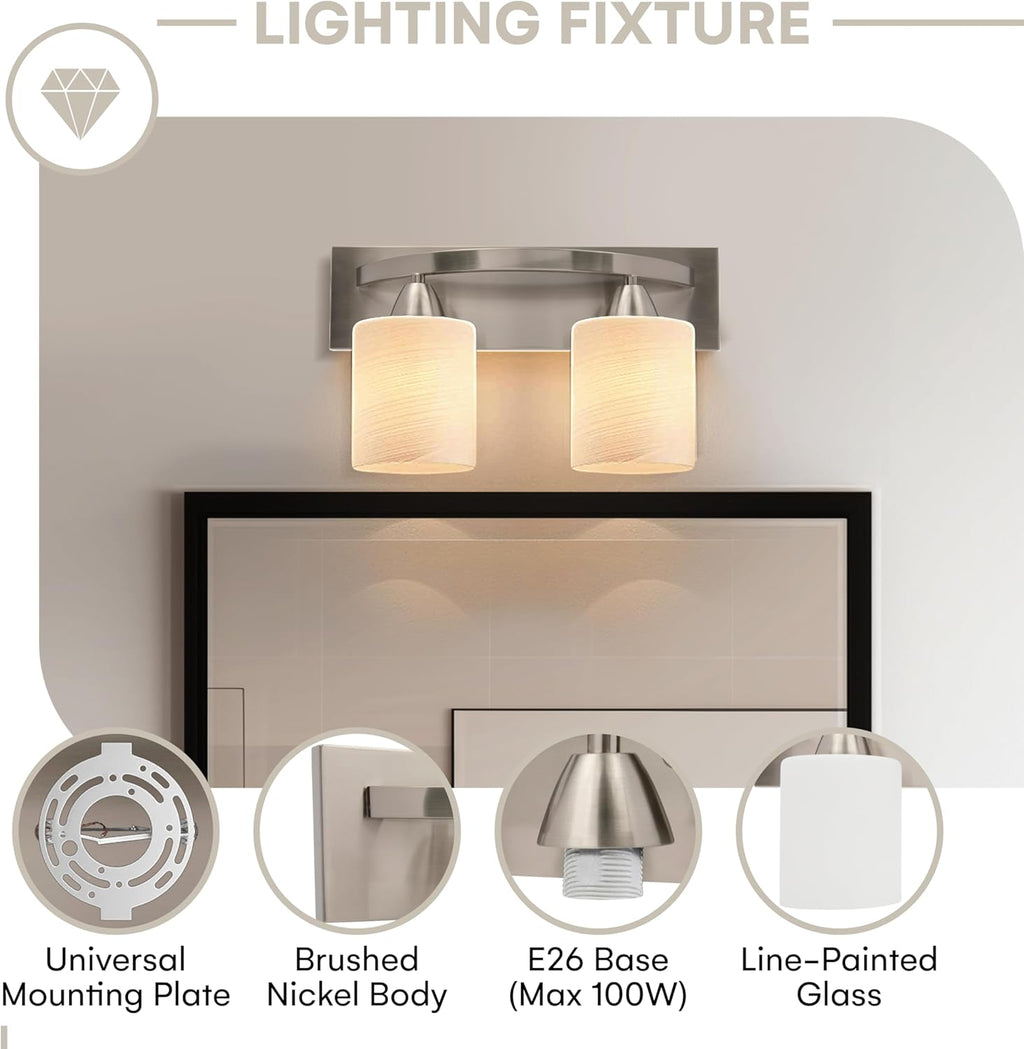 Bathroom Light Fixtures - 2 Lights, Oil-Rubbed Nickel Vanity Lights with Milk Glass Shades - Interior Lighting over Mirror - E26, 100W LED, Bulbs Not Included