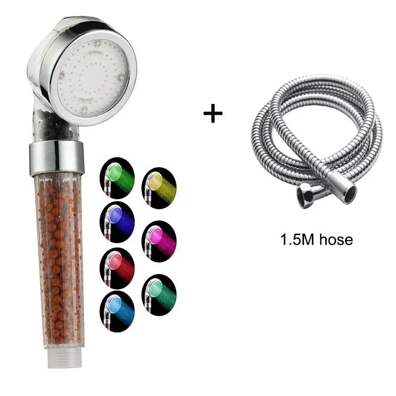 LED Shower Head High Pressure Anion Filter Water Saving Showerhead Temperature Control Colorful Light Handheld Big Rain Shower