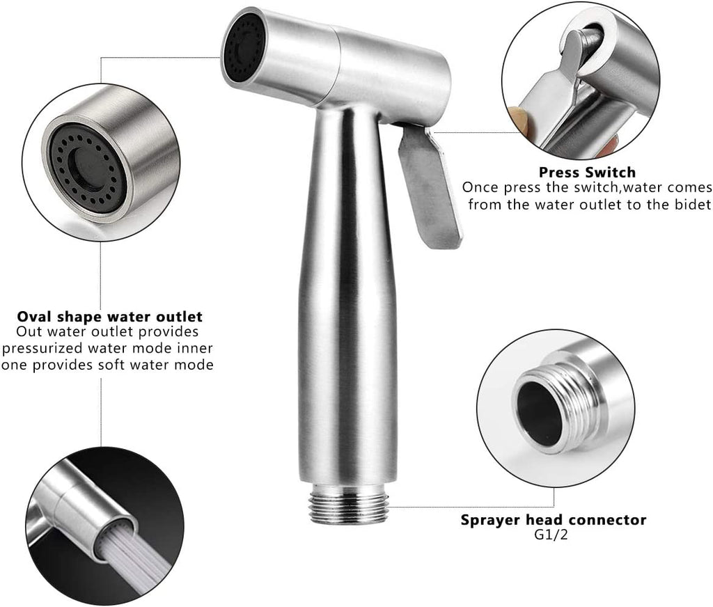 Handheld Bidet Sprayer for Toilet,  Baby Cloth Diaper Sprayers Bidets for Toilet Stainless Steel Brushed Nickel Bathroom Hand Held Shattaf Shower Wall&Toilet Mount (Bidet Sprayer Head Only)