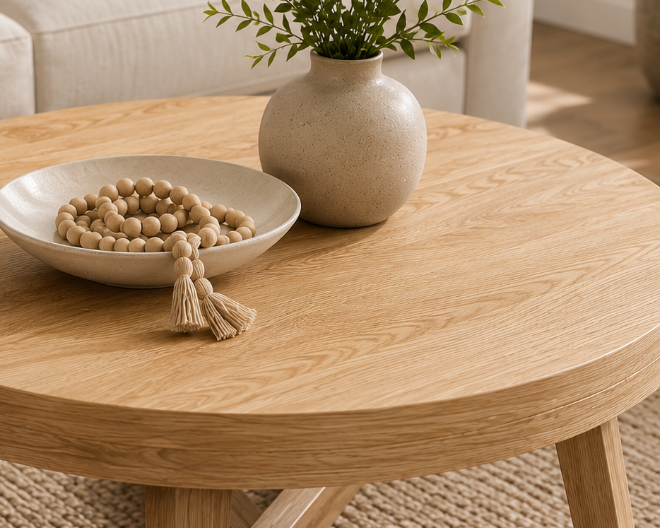 Round wooden coffee table with decorative items in a living room setting
