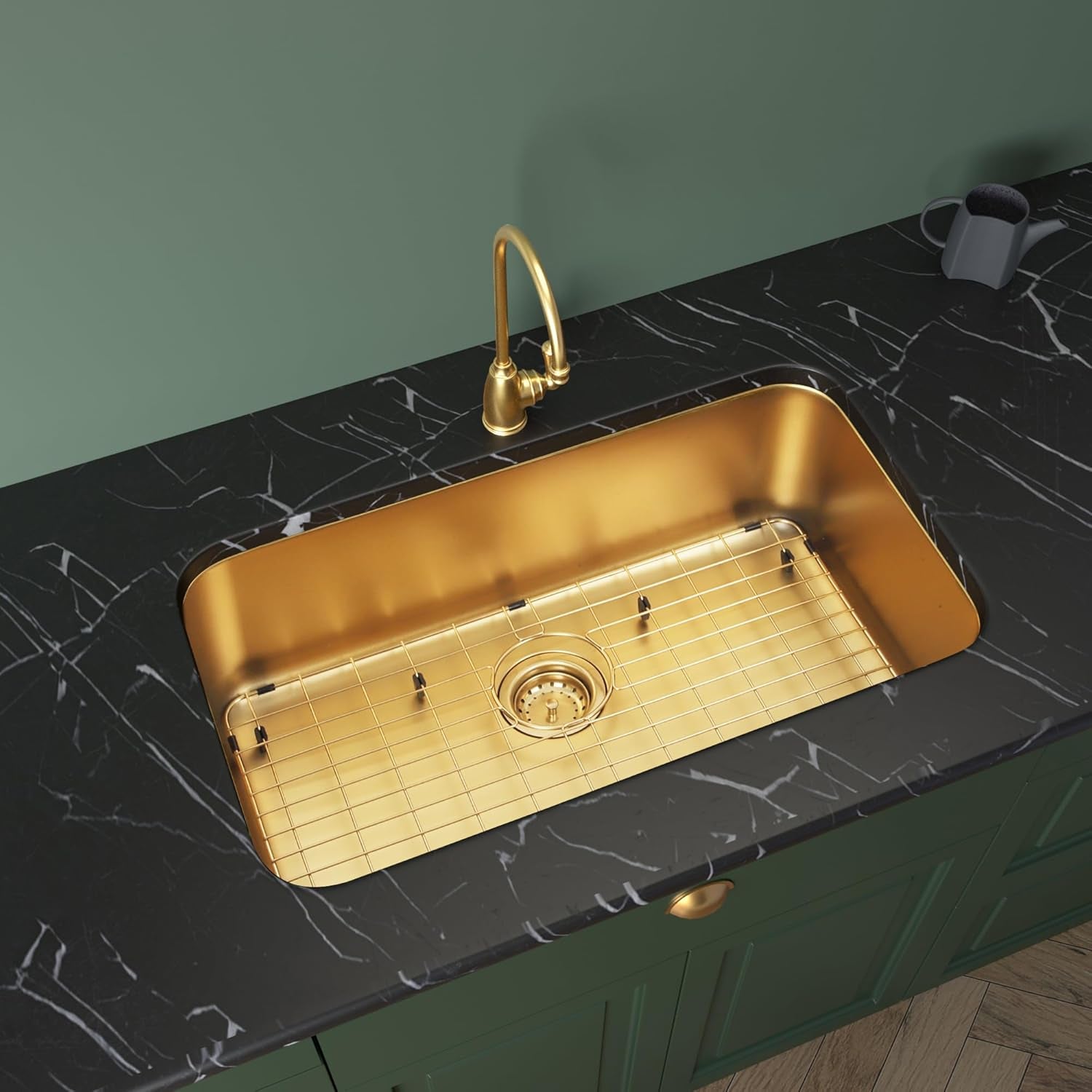 Gold Kitchen Sink 30 Inch, SUS304 Stainless Steel Undemount Kitchen Sinks, 30" X 18" X 9" Large and Deep Single Bowl Kitchen Sinks with Grid and Sink Drain Assembly