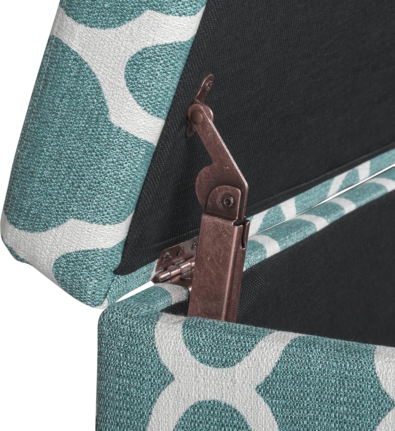 Large Teal Blue Geometric Upholstered Rectangular Storage Ottoman Bench with Hinged Lid