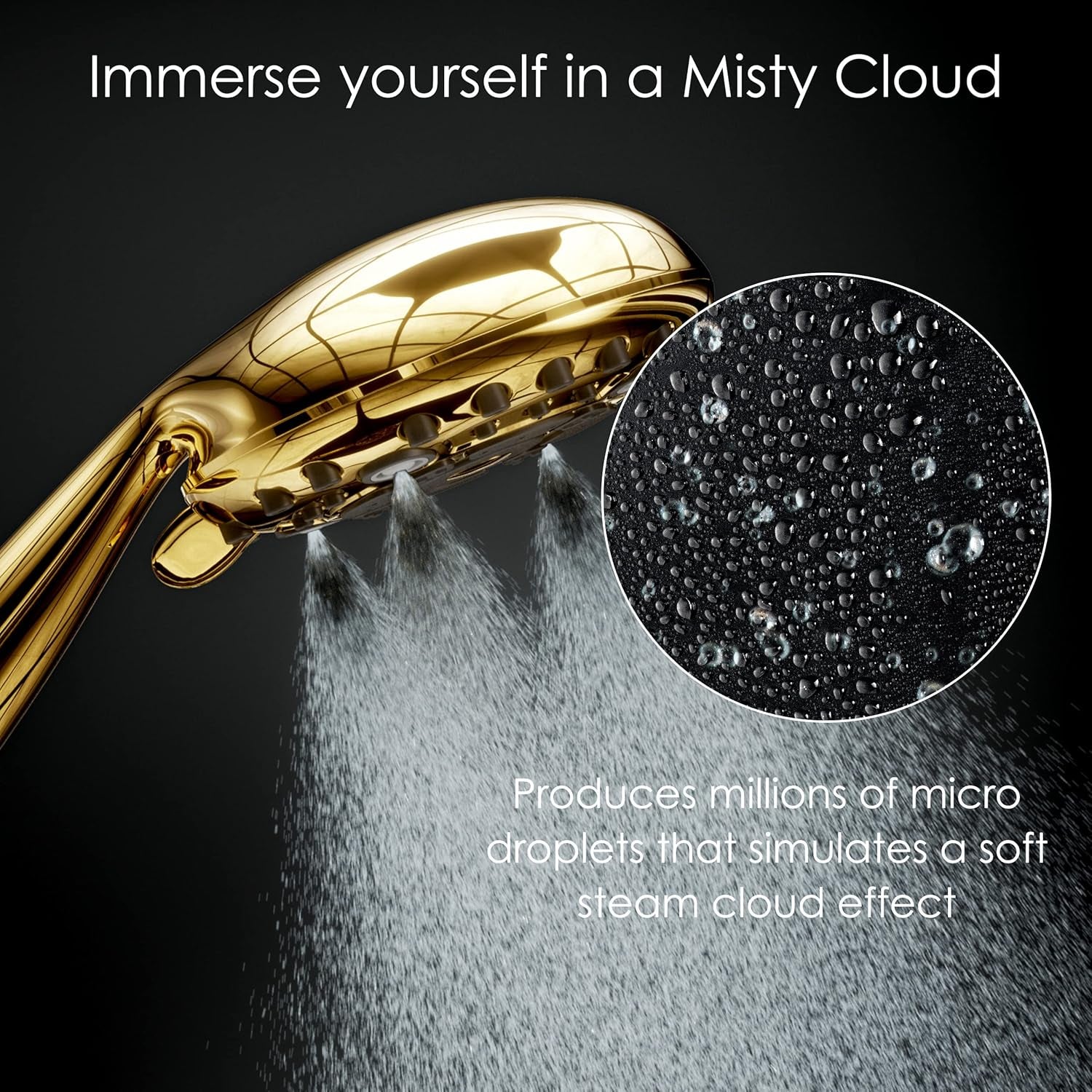 Aquarius Mist Gold Shower Head with Handheld, 6 Spray Settings 4.9 Inch Gold Hand Held Shower Head with Long Hose, Adjustable Mount Holder & Teflon Tape, Polished Brass