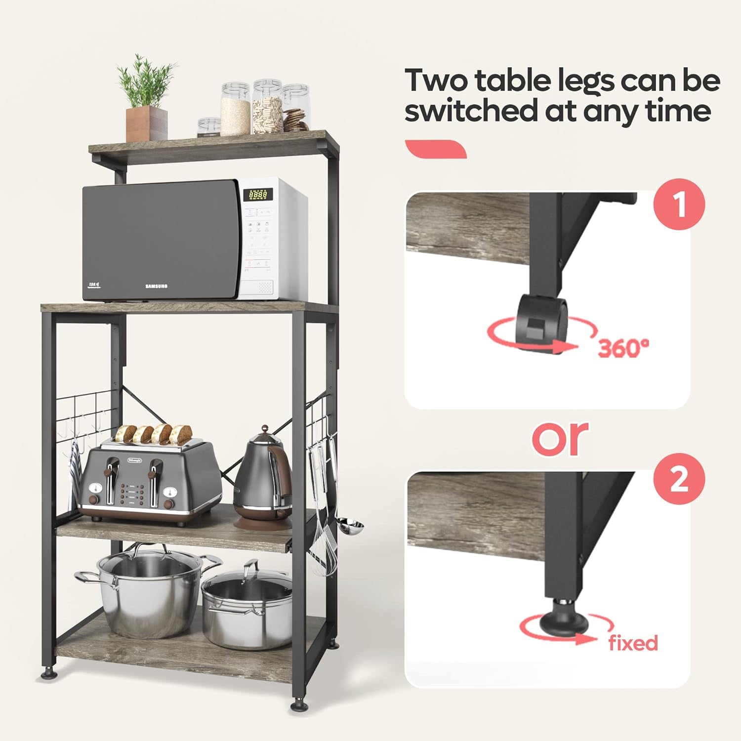 Professional Kitchen Bakers Rack with Microwave Stand and Mobile Utility Storage Shelf, Featuring 10 Side Hooks and Adjustable Feet