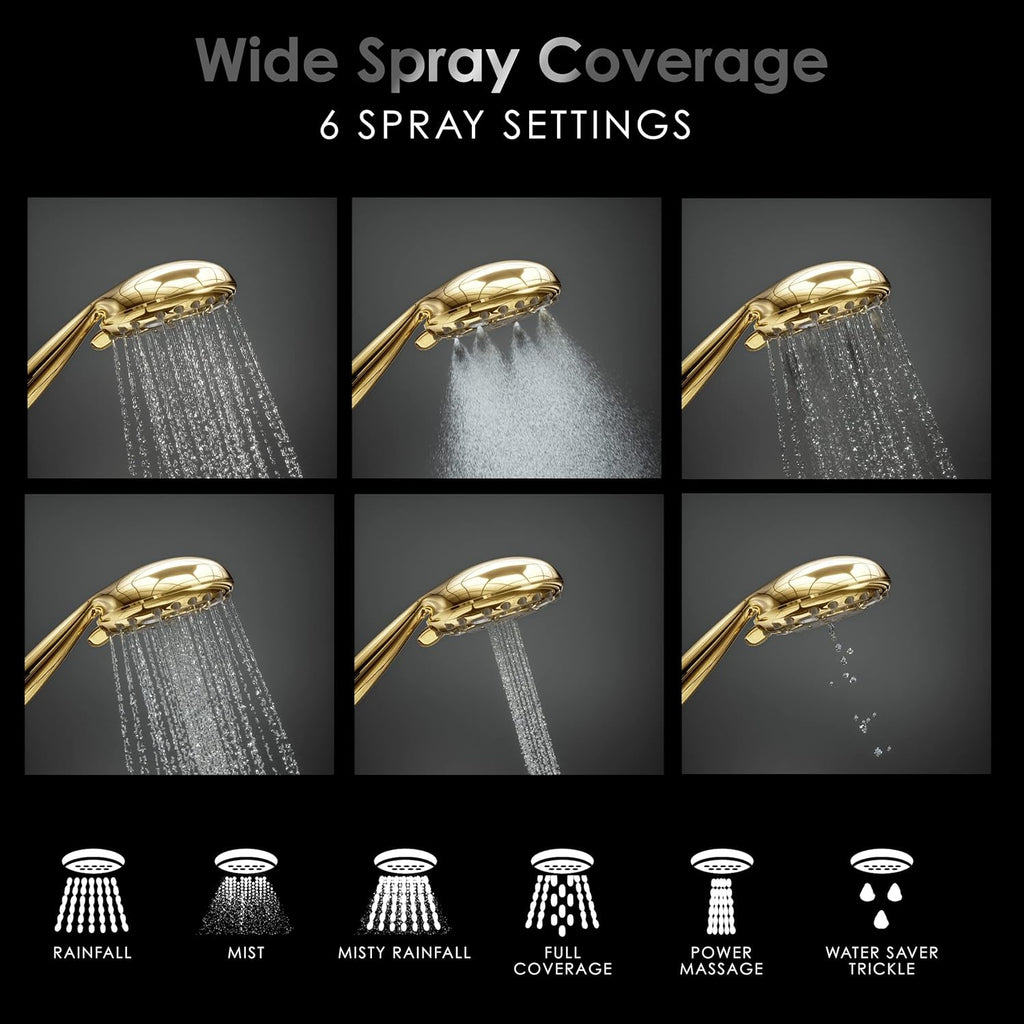 Aquarius Mist Gold Shower Head with Handheld, 6 Spray Settings 4.9 Inch Gold Hand Held Shower Head with Long Hose, Adjustable Mount Holder & Teflon Tape, Polished Brass