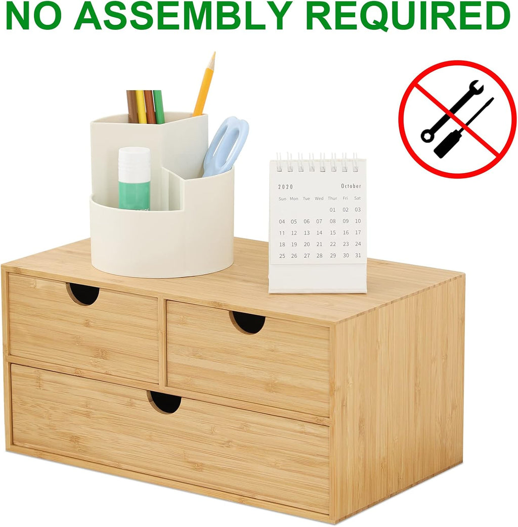 Bamboo Desk Drawer Organizer with Three Drawers for Efficient Tabletop Storage in Office and Home