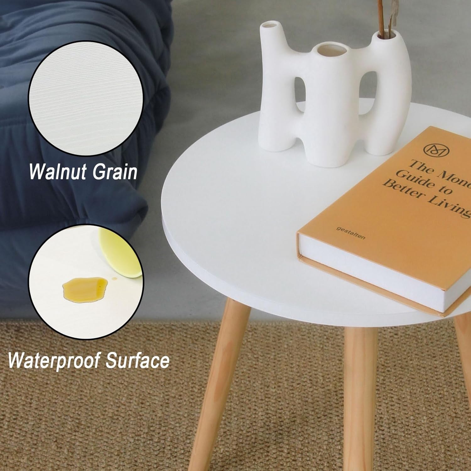 Modern Round Side Table - Compact Accent Table Nightstand for Living Room, Bedroom, and Office - 15.7''D x 19.69''H (White)