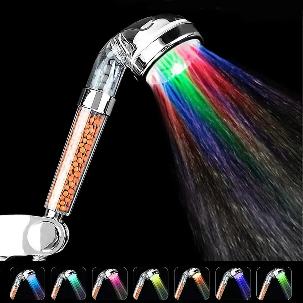 LED Shower Head High Pressure Anion Filter Water Saving Showerhead Temperature Control Colorful Light Handheld Big Rain Shower