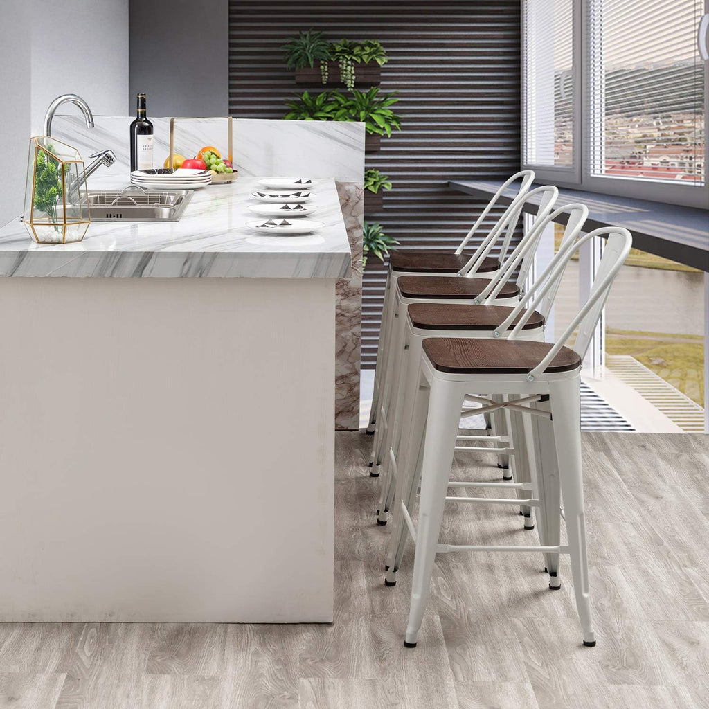 Set of 4 Metal Bar Stools, 24-Inch Counter Height with Back, Modern Farmhouse Design, White Cream Finish, Larger Seat High Back Kitchen Dining Chairs