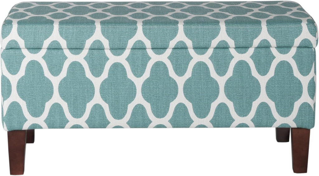 Large Teal Blue Geometric Upholstered Rectangular Storage Ottoman Bench with Hinged Lid