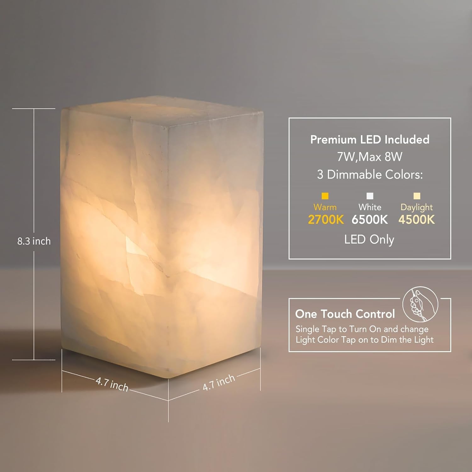 Natural Calcite Stone Table Lamp, Handcrafted Solid Stone Lamp with Unique Crystal Texture, Dimmable 3-Color LED, Modern Decorative Lamp for Bedroom Living Room-Cuboid White