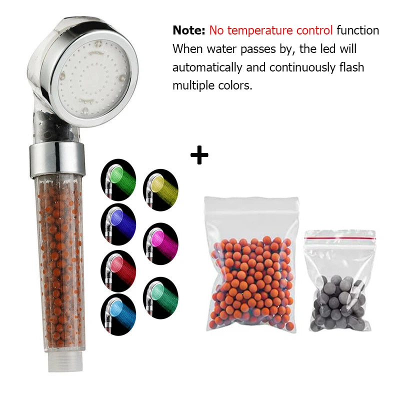 LED Shower Head High Pressure Anion Filter Water Saving Showerhead Temperature Control Colorful Light Handheld Big Rain Shower