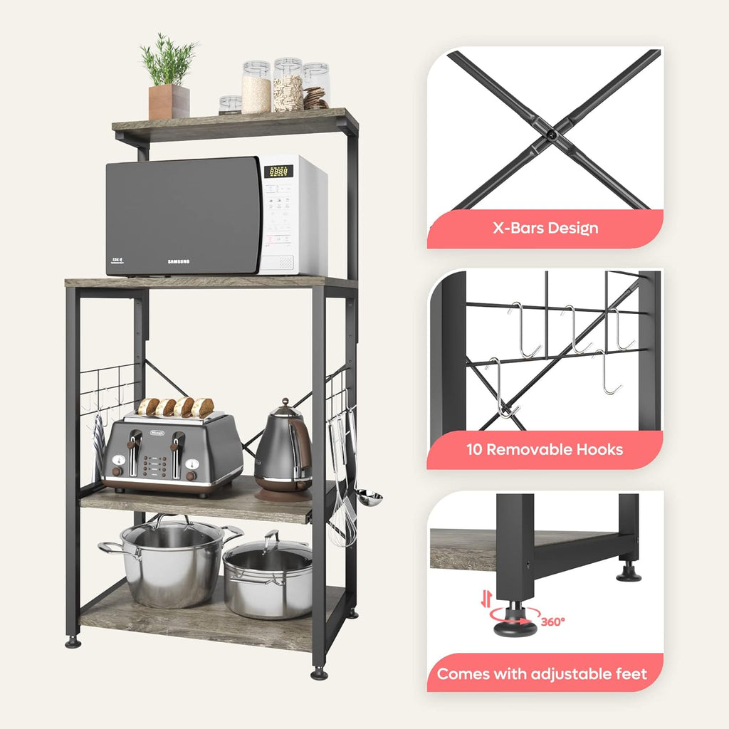 Professional Kitchen Bakers Rack with Microwave Stand and Mobile Utility Storage Shelf, Featuring 10 Side Hooks and Adjustable Feet