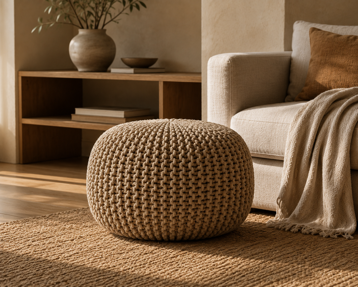 Zenvry Orin™ Cable Knit Cotton Pouf Ottoman — Beige