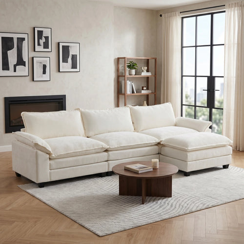 120" W Sectional Sofa L Shaped Couch with Chaise Living Room Sleeper Set, 3 Seats with Chenille and Double Layer Cushions Beige