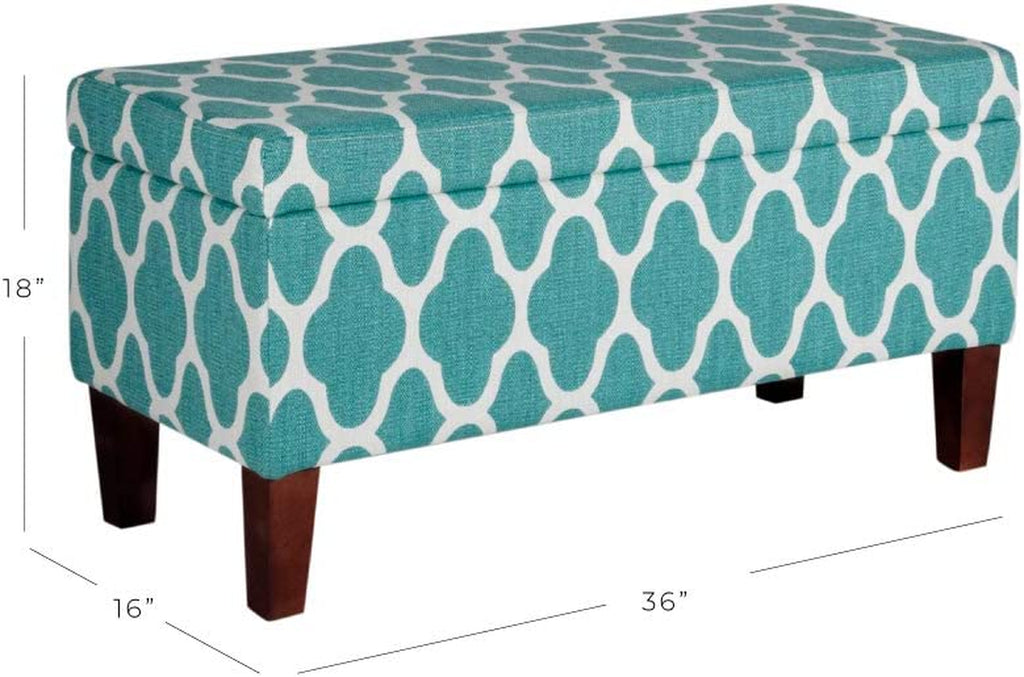 Large Teal Blue Geometric Upholstered Rectangular Storage Ottoman Bench with Hinged Lid